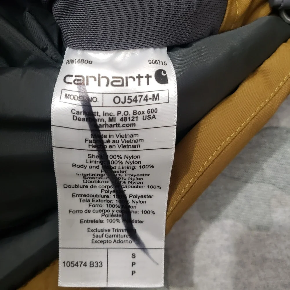 Carhartt Puffer Jacket Mens Small Green Tan Loose Fit Rain Defender‎ Zip Hooded